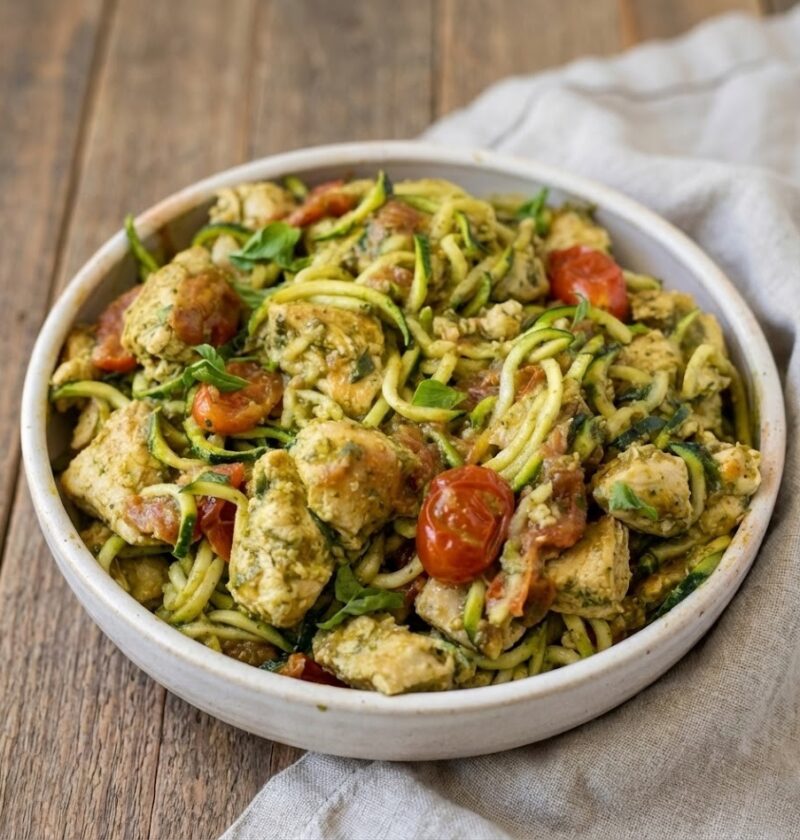 Zucchini Noodles with Pesto Chicken – Quick, Healthy & Tasty